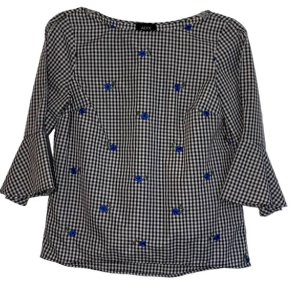 Alyx Blouse Top Black White Blue Floral Check 3/4 Bell Sleeves Blouse Medium NEW - Picture 1 of 9